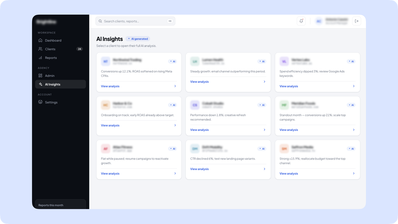 AI-generated next steps and recommendations panel for marketing agency reporting | Altum Software
