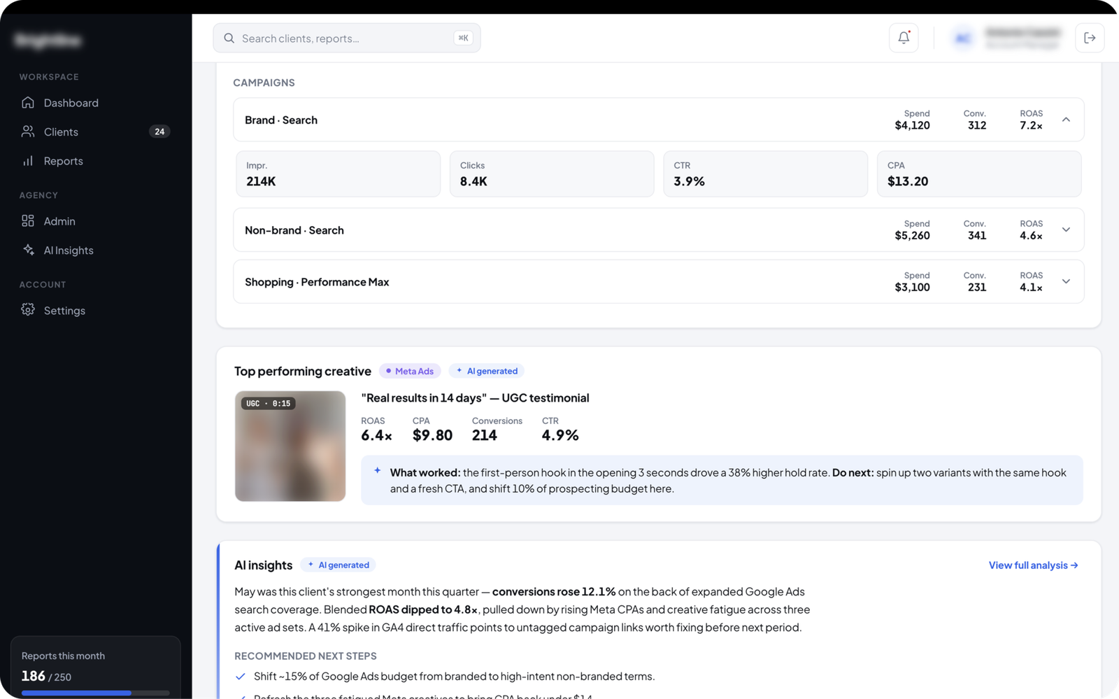 AI-powered report preview screen with Google Ads and Meta Ads performance data | Altum Software