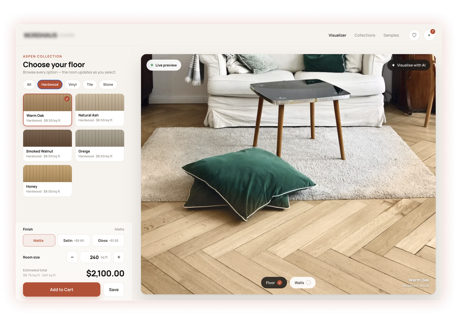 Custom Shopify product configurator with photorealistic AI-generated room render | Altum Software